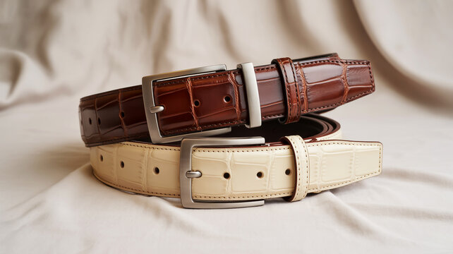 A product photo of two leather belts displayed against a white background