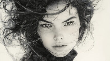 Fototapeta premium A pencil sketch of a woman with voluminous curly hair blown gently by wind, looking directly at the viewer, deep-set eyes and fierce expression, background blurred cityscape.