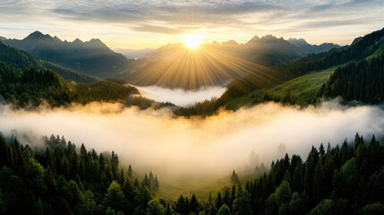 Fototapeta premium Breathtaking sunrise over foggy valley, illuminating mountain peaks and lush forests