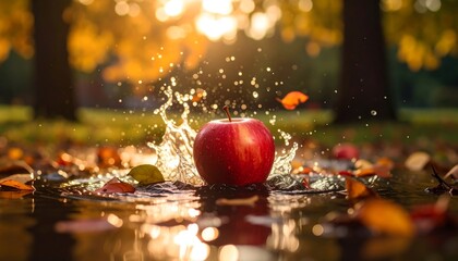 Fototapeta premium Red apple splashing in puddle, autumnal setting