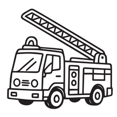 Monochrome vector illustration showing a fire engine, outlined in solid black, emphasizing its shape and mechanical features in minimalistic style.

