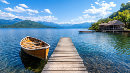 Serene lakeside view featuring wooden boats docked near wooden pier, surrounded by mountains