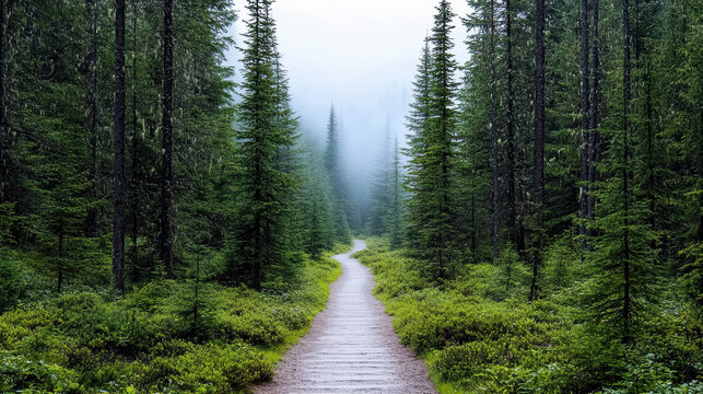 Serene forest trail surrounded by tall evergreen trees and misty atmosphere