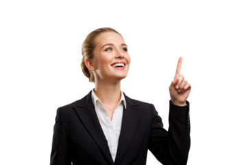 A businesswoman pointing upward with a big smile, isolated 