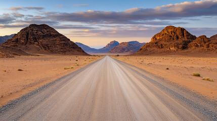 Naklejka premium Narrow desert road stretches into distance, surrounded by majestic mountains soft evening light
