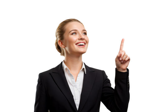 A businesswoman pointing upward with a big smile, isolated 