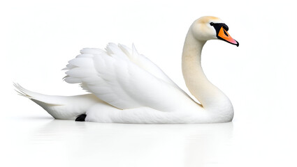 A single swan bird floats gently on water, isolated against a white background.