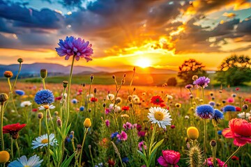 Wild Meadow Flowers Sunset Macro Abstract Nature