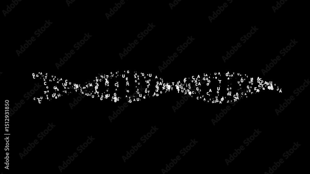 Poster dna strand with genetic code letters on black background with helical structure visualization
