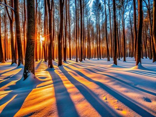 Winter Forest Long Shadows, Orange Stripes, Snow Photography, AI Art