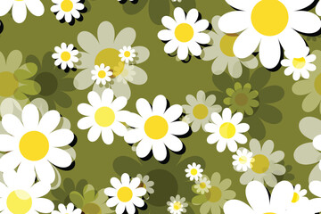 Seamless floral pattern with blooming daisies and chamomile, a beautiful summer nature illustration perfect for background design