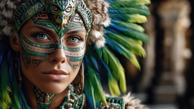 Aztec warrior portrait with fierce expression, symmetrical face tattoos in traditional patterns