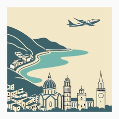 Coastal European Cityscape with Airplane
