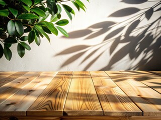 Wooden Table Background with Ficus Leaves Shadows - AI Photo