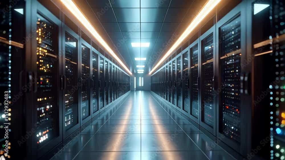 Poster aisle in data center server room with glowing lights and equipment racks displaying computer infrast
