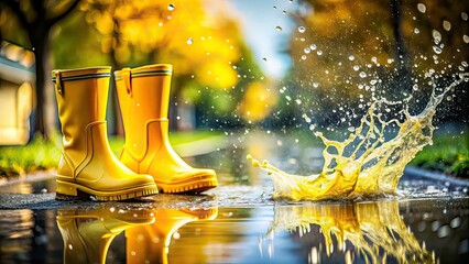 Yellow Rain Boots Splashing in Water High Definition