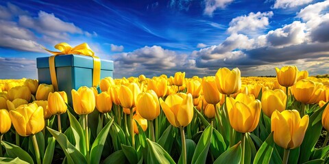 Yellow Tulips, Gifts & Blue Background Landscape Photography