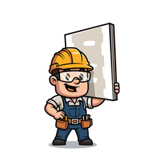 Smiling Cartoon Construction Worker Holding Drywall Sheet