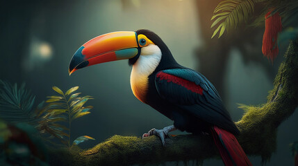 Fototapeta premium Tropical Bird Toucan Sitting On Tree Branch In Forest and natural rain