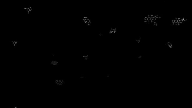 Detailed Black and White Chemical Formulae on a Stark Black Background Design