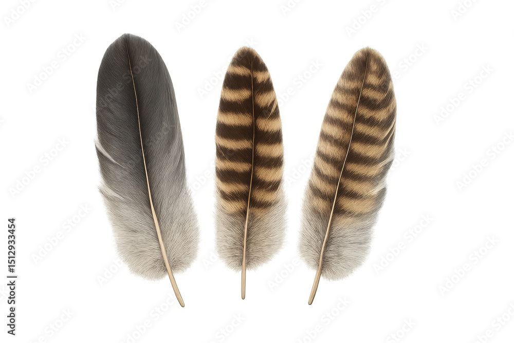 Poster realistic illustration of three bird feathers with varying patterns isolated on a transparent backgr