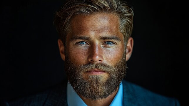 Portrait of a handsome man with a beard and blue eyes against a dark background in a suit jacket