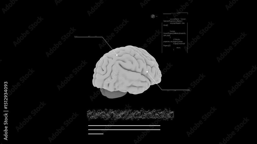 Poster 3d brain model with data analysis graphic and digital interface elements display