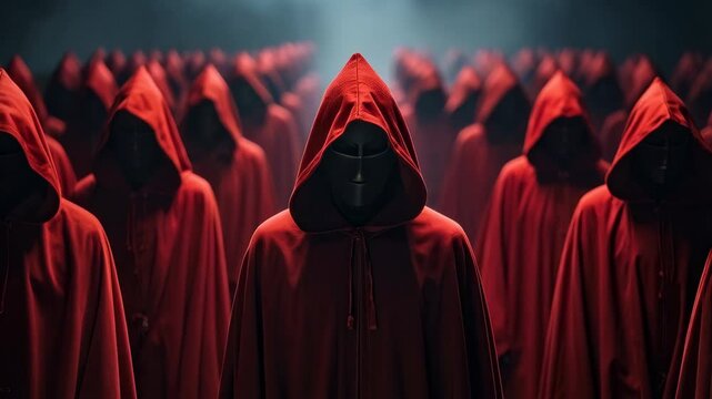 Endless rows of hooded figures in red robes create a mysterious and unsettling scene shrouded in darkness and secrecy