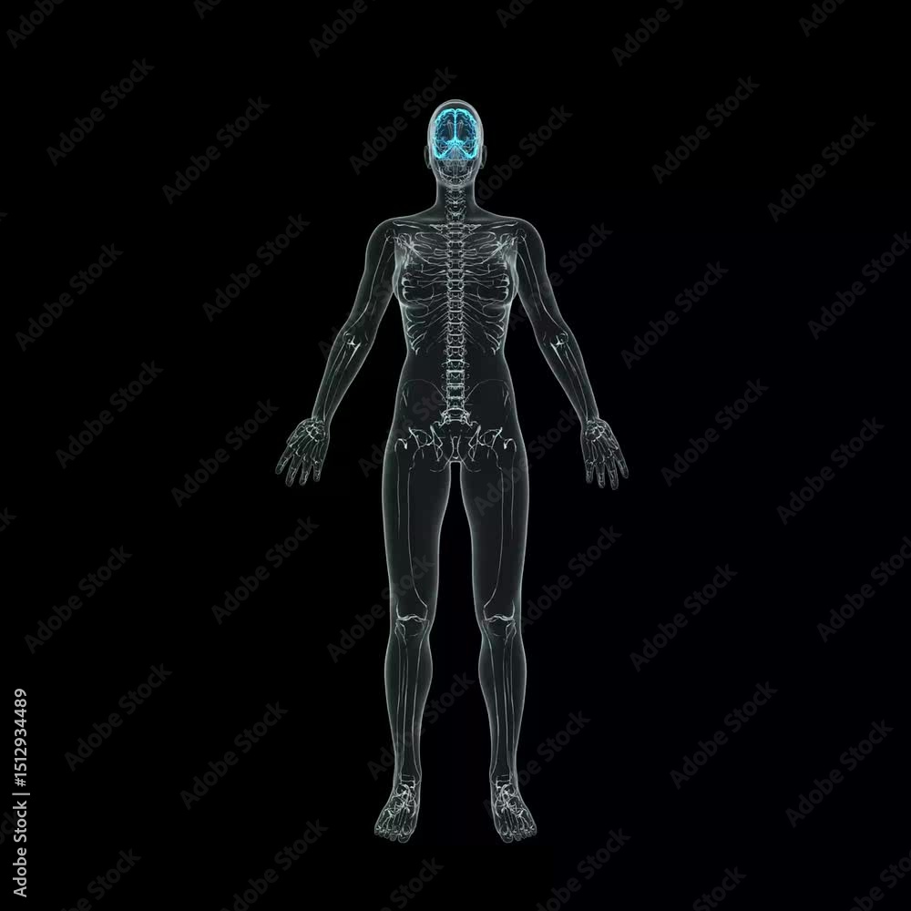 Poster 3d human skeleton with brain and nervous system in transparent anatomy view