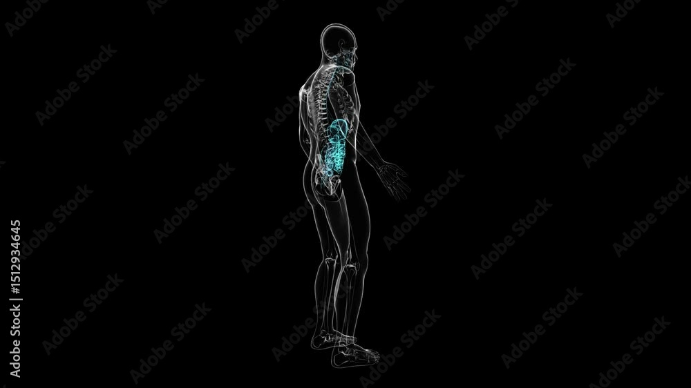 Poster transparent 3d human anatomy visualization displaying internal skeletal and digestive structures