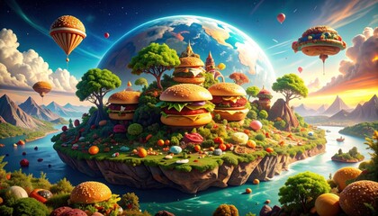 Whimsical burger planet landscape with flying food vessels, vibrant colors