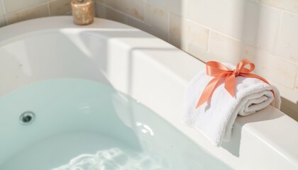 Relaxing bathtub with white towels and a candle in soft light  