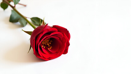 Fototapeta premium Elegant rose flower with green stem, resting on a pure white surface