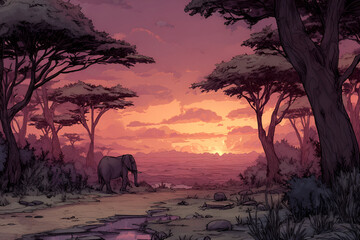 Serene African Sunset Landscape With Lone Elephant