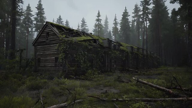 Derelict military barrack in dense forest