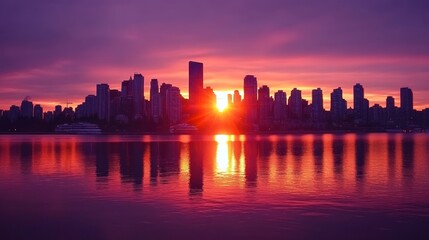 Urban silhouette at dusk: a city skyline bathed in the glow of the setting sun