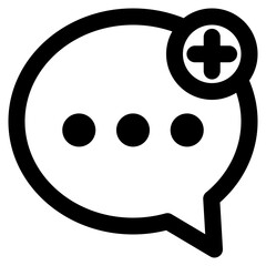 Simple black and white design of a speech bubble with a plus sign on top