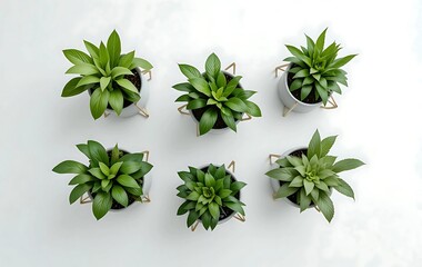 Obraz premium Overhead view of six potted plants in light grey/concrete-look planters, each with a geometric gold metal stand.