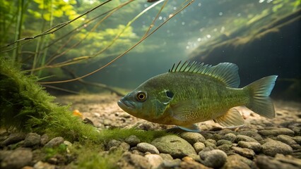 Green Sunfish Resting on Gravel and Moss in Wooded Stream Habitat