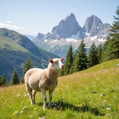 Fototapeta premium Sheep standing in green meadow with mountains in background 