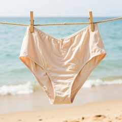 Swimsuit hanging on a clothesline by the beach in summer  