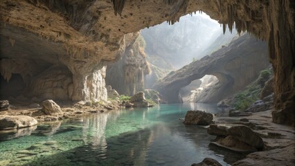 Cave Entrance to Crystal Clear Water, Stalactites, Gorge, Karst Landscape. Cave, Water