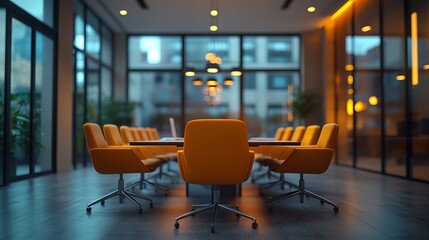 A conference room with yellow chairs around a table and large windows showing a city scene outside