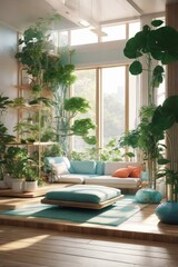 Fototapeta premium Japanese Living Space 3D Render: Hydroponics, Floating Furniture, Overhead