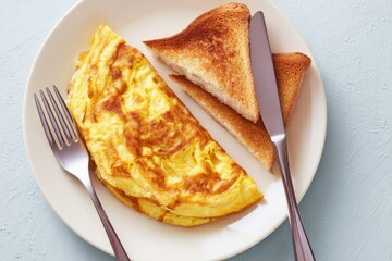 Fluffy omelet, golden-brown, served alongside two slices of toasted bread on a simple white plate with silverware