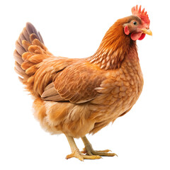 Fototapeta premium A chicken with full-body brown feathers standing on an isolated transparent background. Design Illustration
