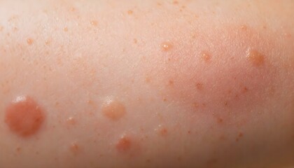 Fototapeta premium Close-up of facial skin with small acne bumps, set against a blurred background of skincare products