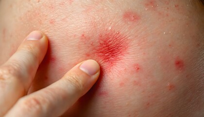 Fototapeta premium A person’s face displaying red spots from acne, surrounded by cosmetics and skincare items in the background
