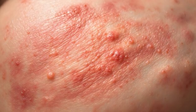 A person’s face featuring red spots from acne, with various skincare and makeup products subtly visible behind