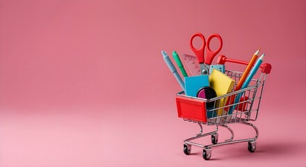 A shopping cart packed with essential school supplies, including stationery, against a lively pink background